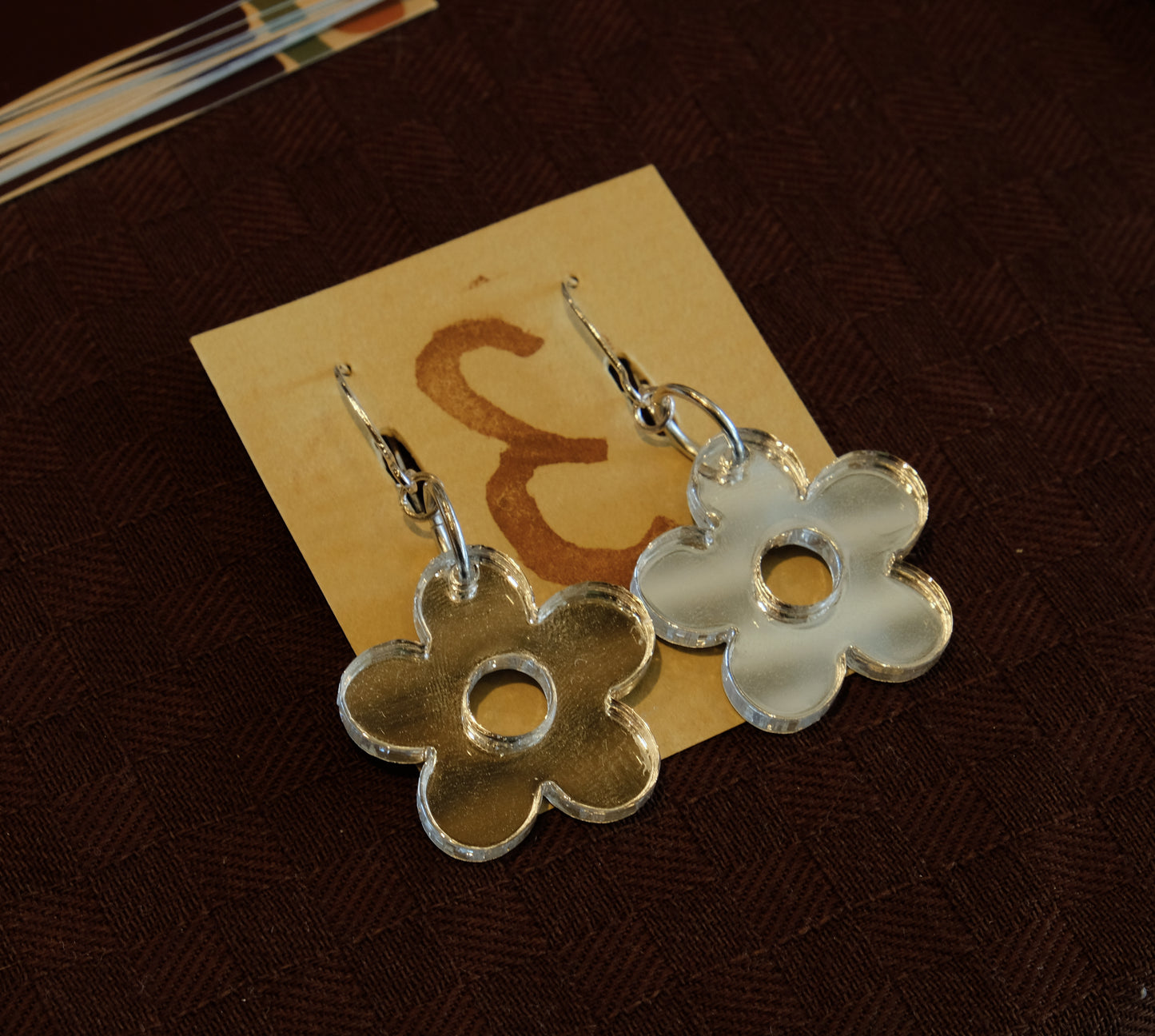 Earrings large mirror flowers silver plated