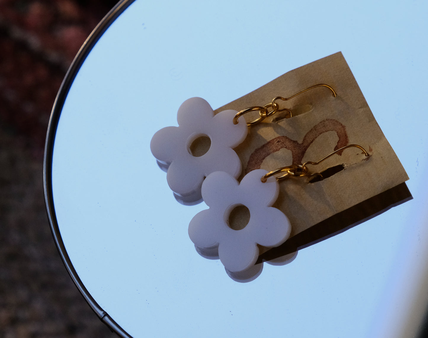Earrings large white flowers gold plated