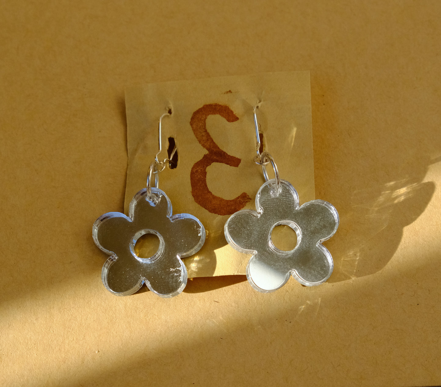Earrings large mirror flowers silver plated