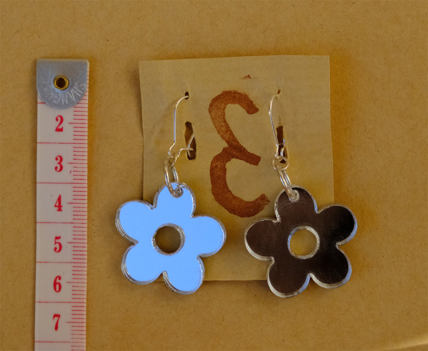 Earrings large mirror flowers silver plated