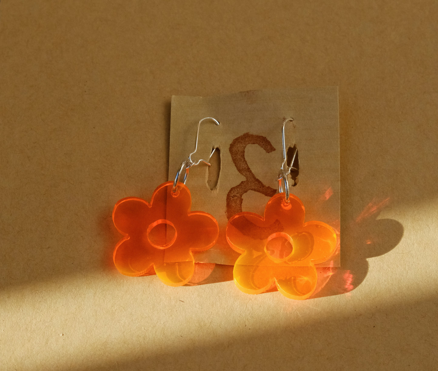 Earrings large orange flowers silver plated