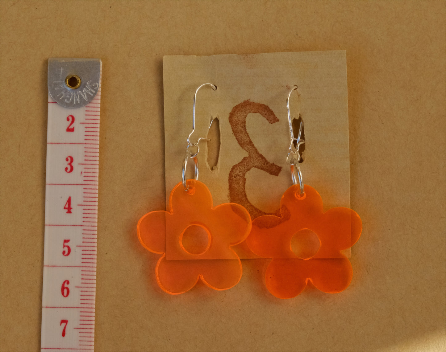 Earrings large orange flowers silver plated