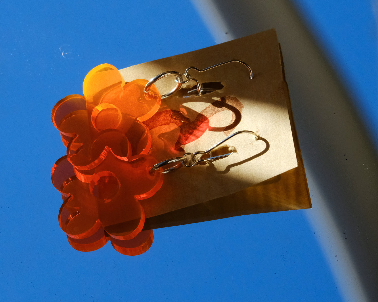 Earrings large orange flowers silver plated