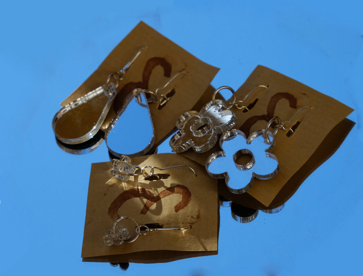 Earrings large mirror flowers silver plated