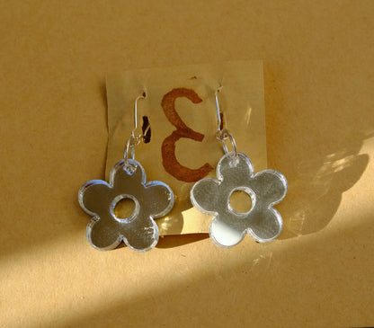 Earrings large mirror flowers silver plated